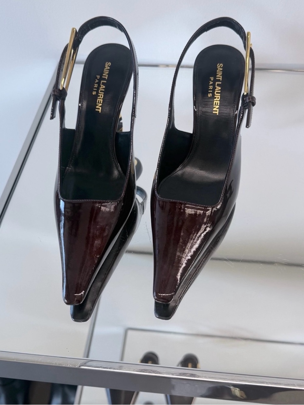 Saint Laurent Patent Leather Slingback Pumps in Deep Burgundy and Black